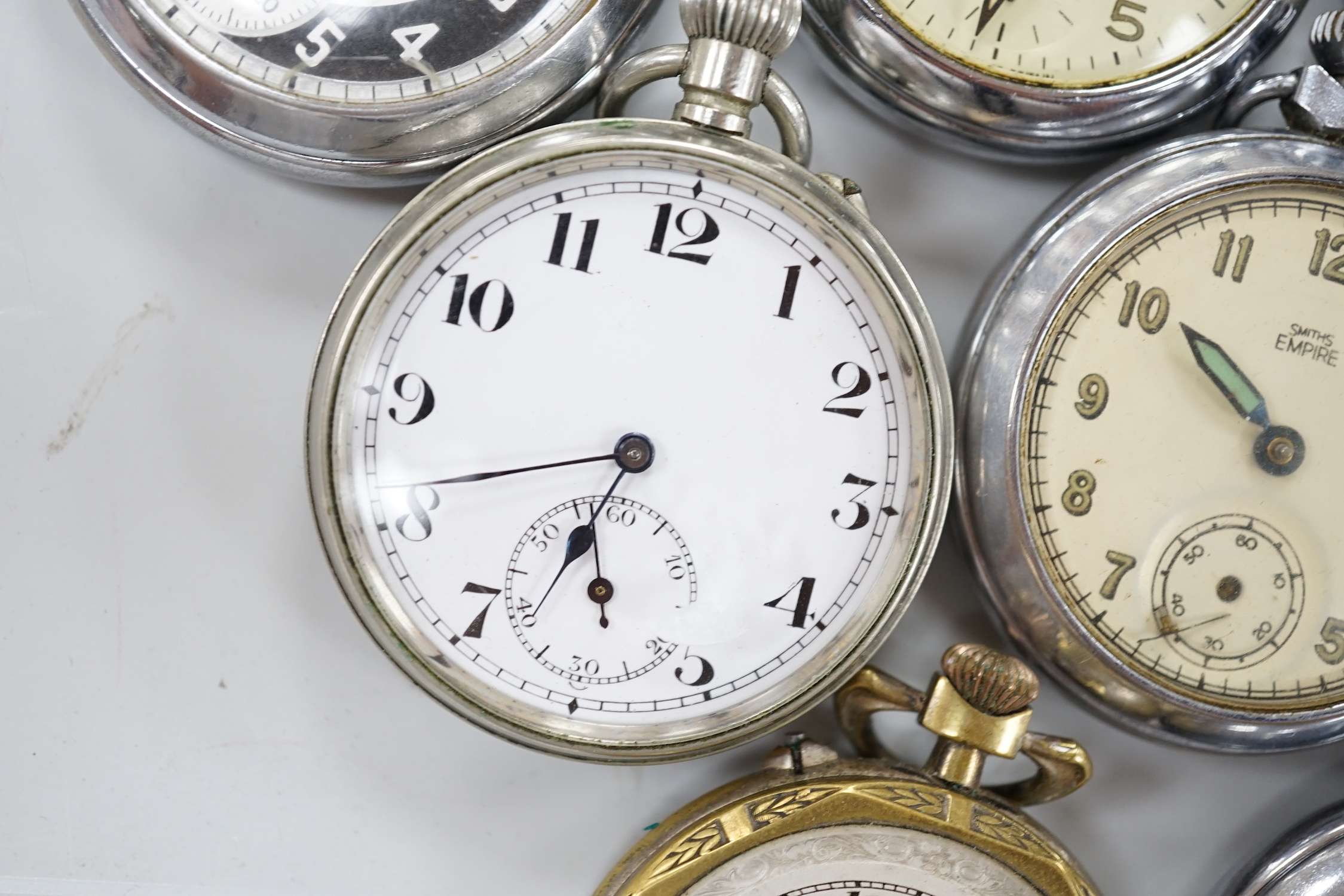 Ten assorted base metal pocket watches including Frenca, Smiths and gun metal.